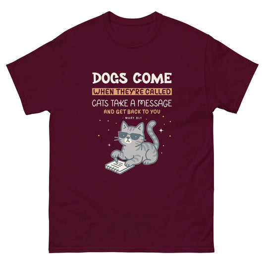 Funny black t-shirt with sarcastic cat quote and cartoon cat taking a message about dogs and cats behavior
