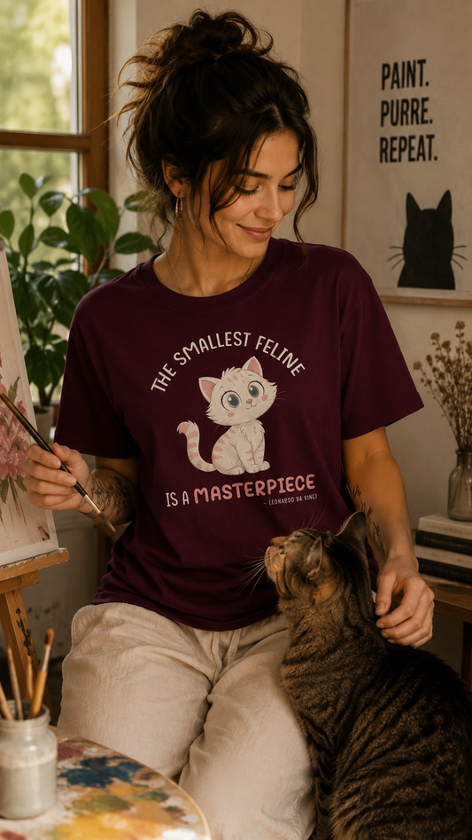 Woman wearing a t-shirt with a cat graphic and text, sitting with a cat in an artist's studio.