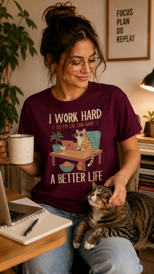 Funny Cat Lover Shirt – “I Work Hard So My Cat Can Have a Better Life” Retro Graphic Tee | Unisex classic tee