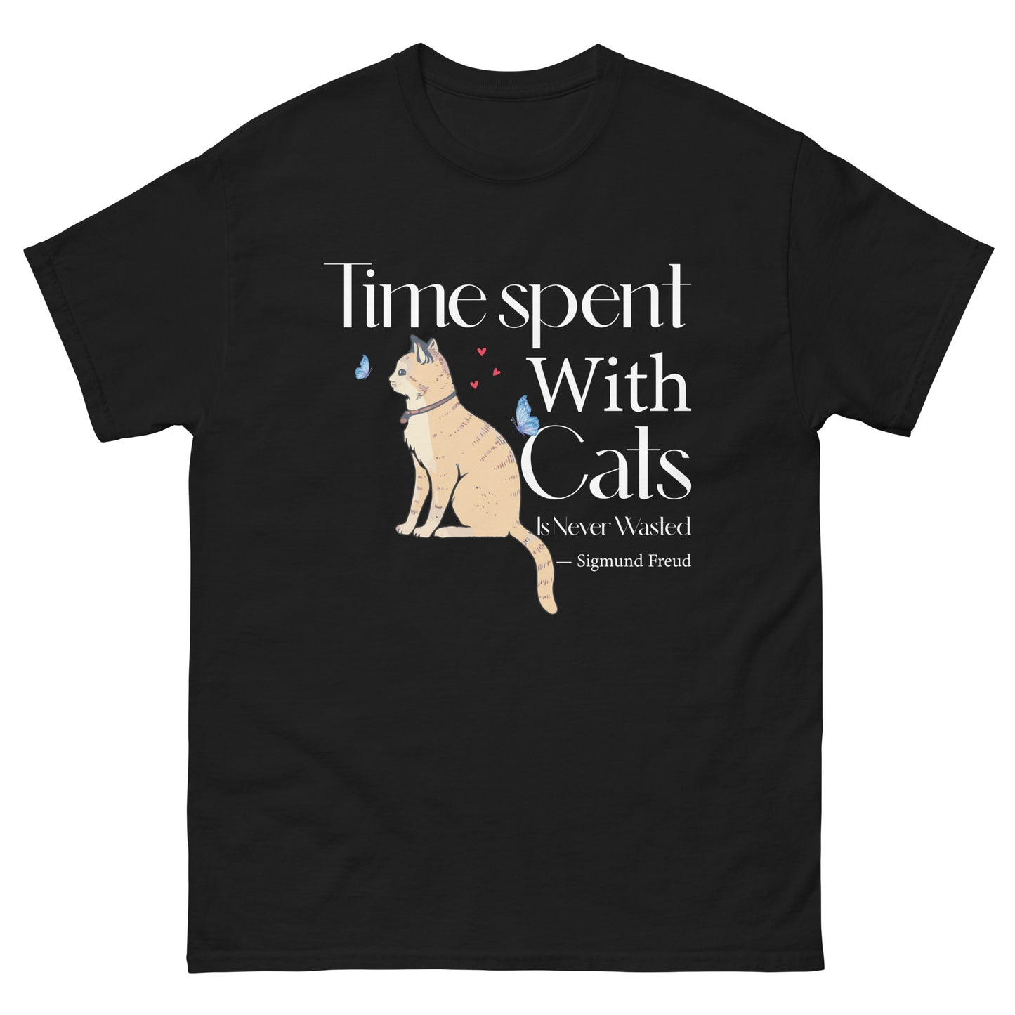 Black unisex t-shirt with illustrated cat and Sigmund Freud quote "Time Spent With Cats Is Never Wasted"