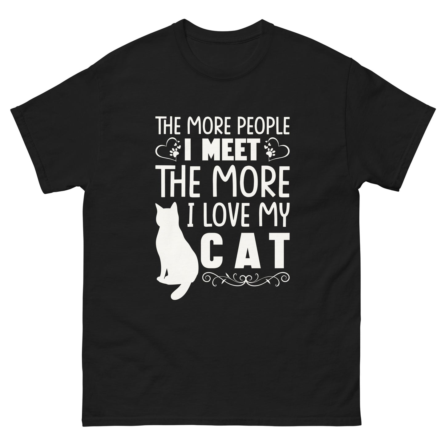 Black funny cat lover t-shirt with quote about loving cats more than people and minimalist cat silhouette graphic
