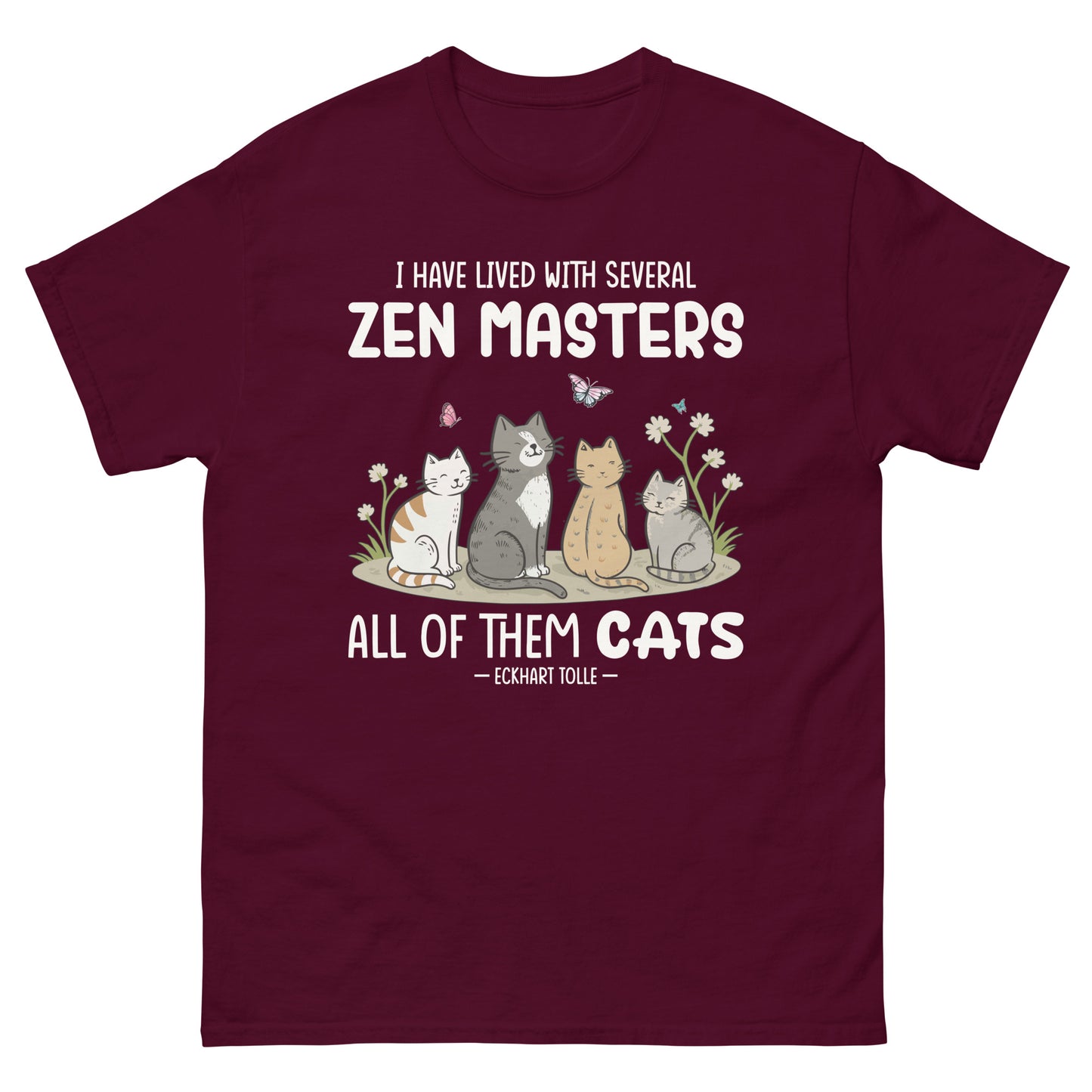 Black unisex t-shirt with four illustrated cats and Eckhart Tolle quote "I Have Lived With Several Zen Masters All of Them Cats"