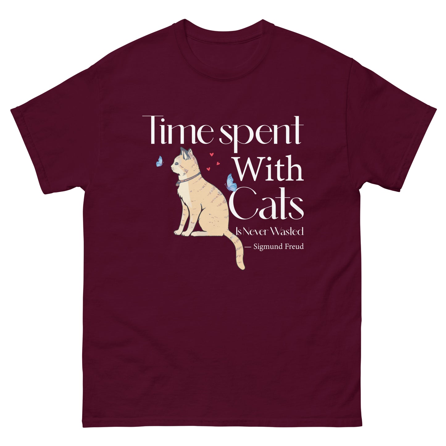 Black unisex t-shirt with illustrated cat and Sigmund Freud quote "Time Spent With Cats Is Never Wasted"