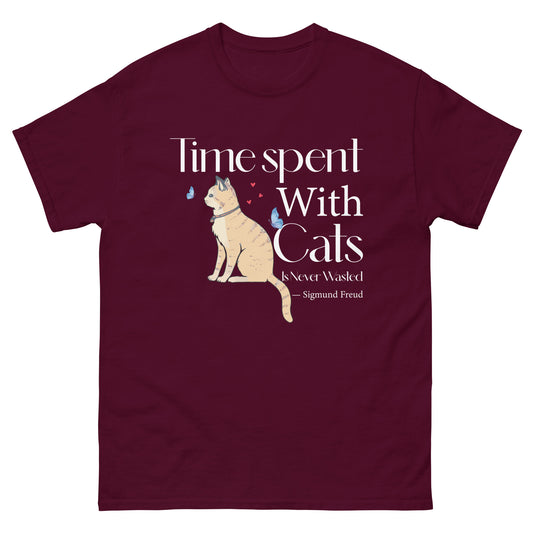 Black unisex t-shirt with illustrated cat and Sigmund Freud quote "Time Spent With Cats Is Never Wasted"
