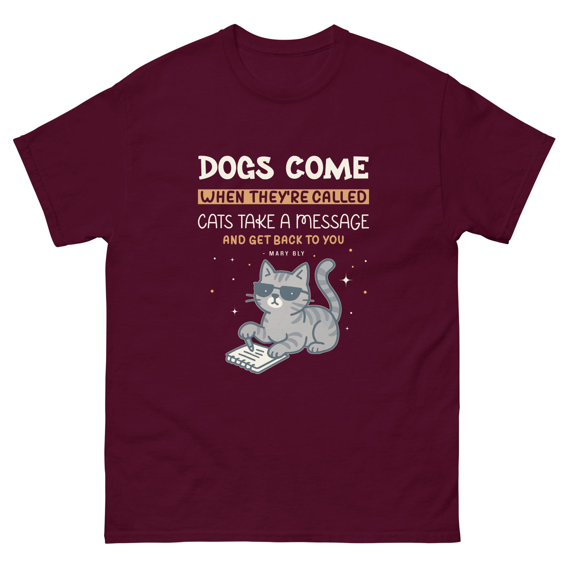 Funny black t-shirt with sarcastic cat quote and cartoon cat taking a message about dogs and cats behavior