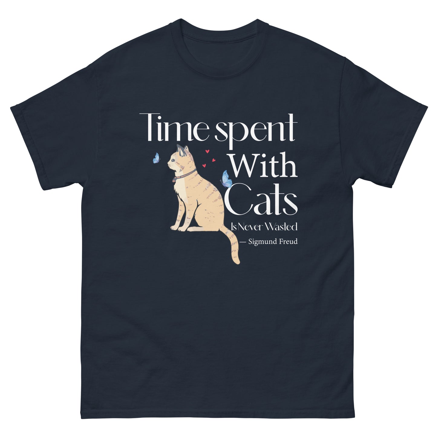 Black unisex t-shirt with illustrated cat and Sigmund Freud quote "Time Spent With Cats Is Never Wasted"